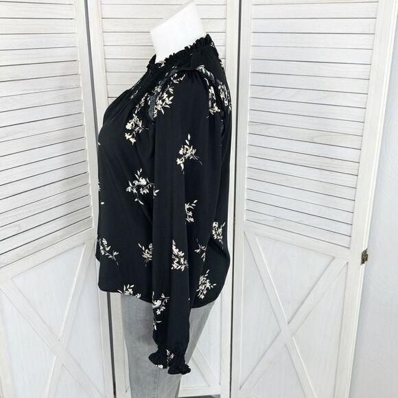 J. Crew Floral Smocked Ruffle Trim Blouse Black Tan Large - Picture 2 of 12